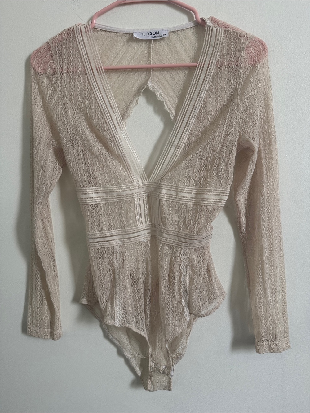 Allyson Lace Plunge Long-Sleeve Bodysuit in Beige